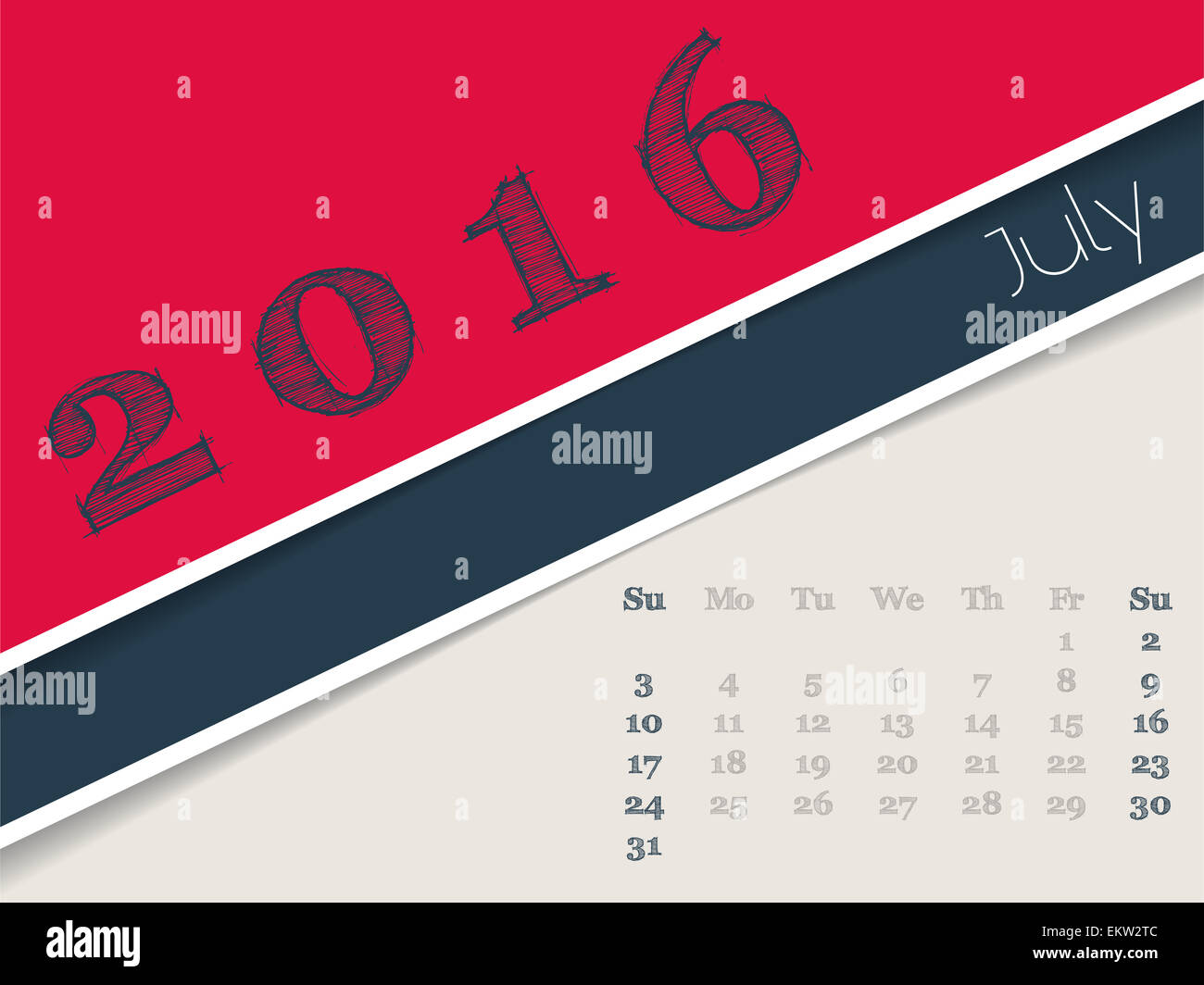Simplistic 2016 Kalenderdesign für Monat Juli Stockfoto