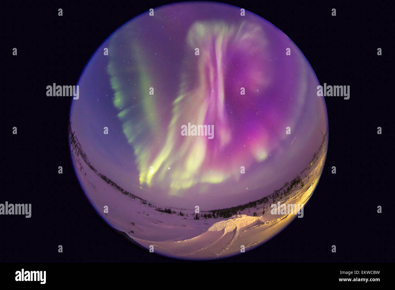 17. Februar 2015 - ein All-Sky-Aurora von Churchill, Manitoba, Kanada, mit einer 8 mm Sigma Fisheye-Objektiv für eine 360-Grad-Ansicht-o Stockfoto