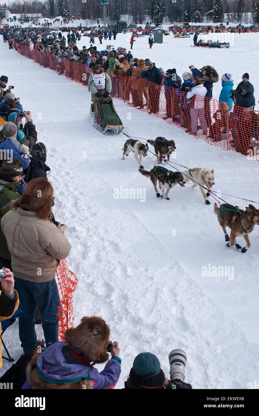 Ed Iten Team verlässt die Startlinie tagsüber Neustart des Iditarod 2009 In Willow, Alaska Stockfoto