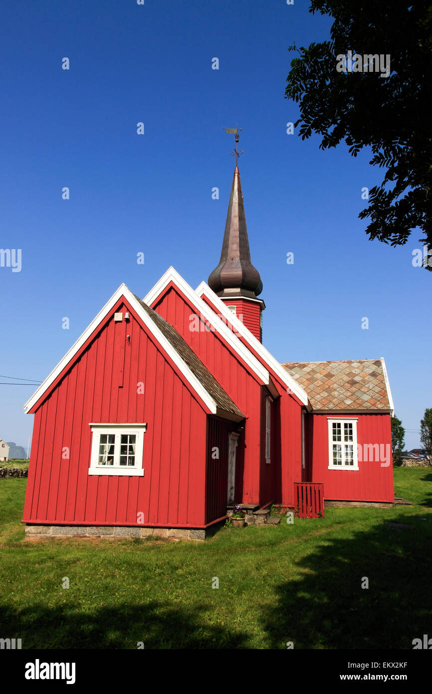 Flakstad Kirche, Dorf von Flakstad, Lofoten Inseln, Nordland, Norwegen, Skandinavien, Europa Stockfoto