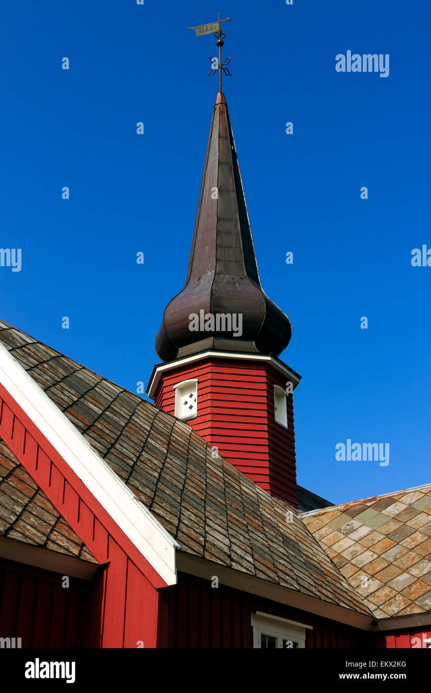 Flakstad Kirche, Dorf von Flakstad, Lofoten Inseln, Nordland, Norwegen, Skandinavien, Europa Stockfoto