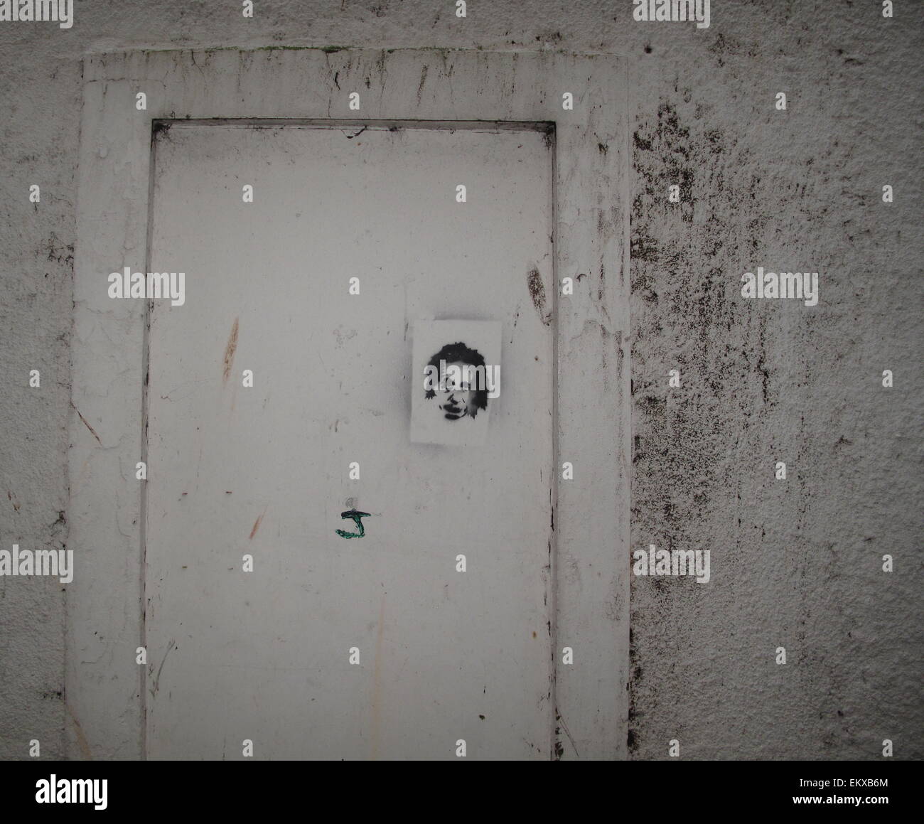 Ein Banksy Schablone von Einstein an einer Tür in Buche Ansatz Brixham Devon Stockfoto