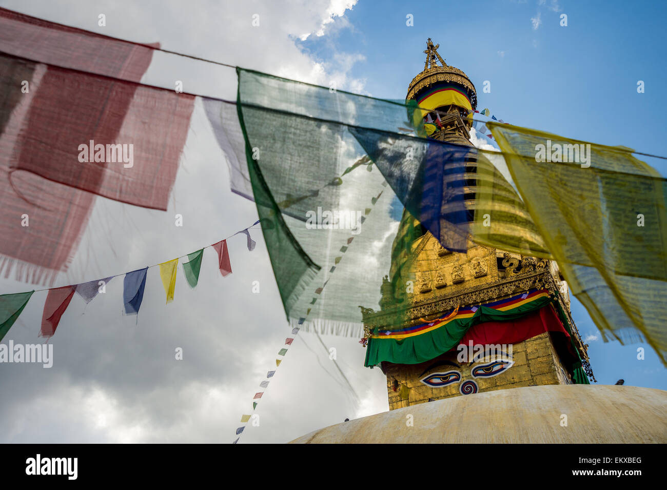 Stupa in Swayambhunath Monkey Tempel in Kathmandu, Nepal. Stockfoto
