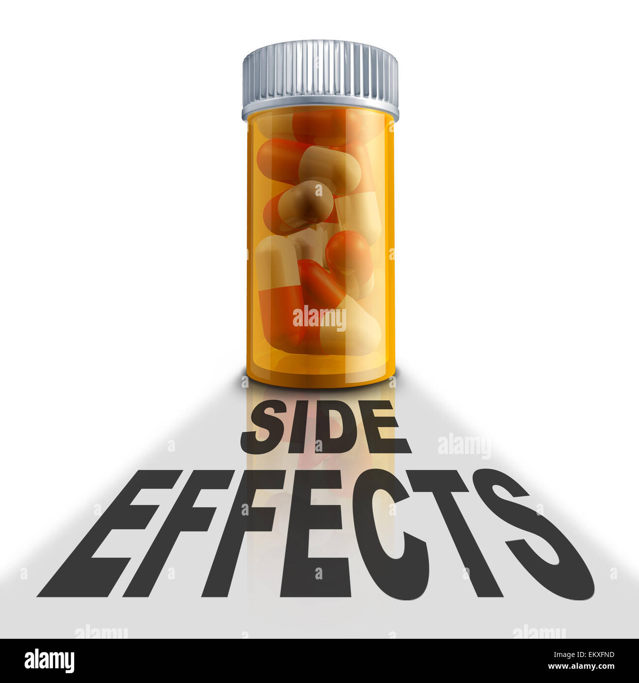 Verschreibungspflichtige Medikamente Nebenwirkungen und Medizin negative Reaktion auf Medikamente Konzept als eine Pille Flasche mit einem Schlagschatten Stockfoto