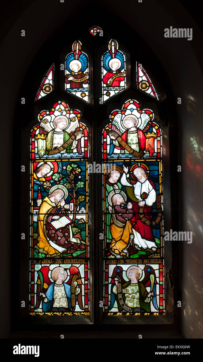 Jesus sah Nathaniel Annäherung an Glasmalerei im All Saints Church, Staunton, Gloucestershire, England, UK Stockfoto