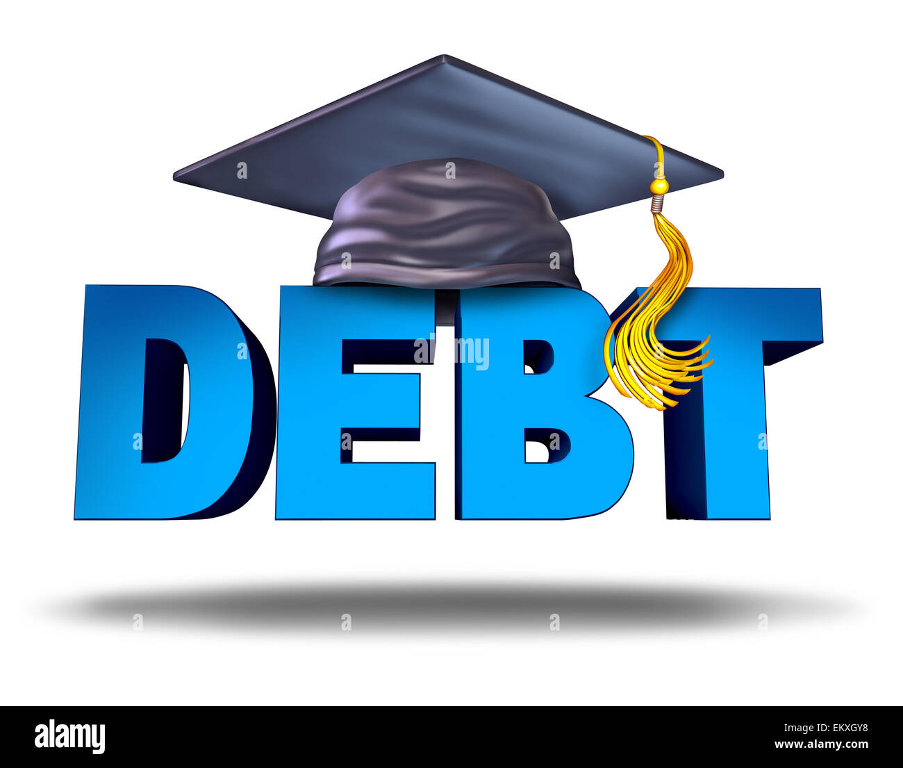 Student Schulden Finanzkonzept als ein Abschluss Doktorhut auf das Wort für Schule Unterricht Darlehensrückzahlung oder Kredite und Bildung Finanzierung Symbol für Universität und Studenten auf einem weißen Hintergrund. Stockfoto