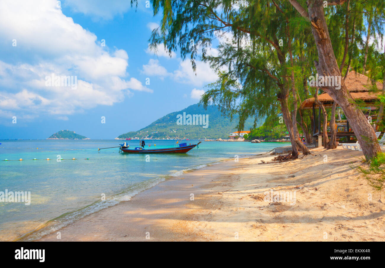 Longtail-Boot und schöner Strand. Koh Tao, Thailand Stockfoto
