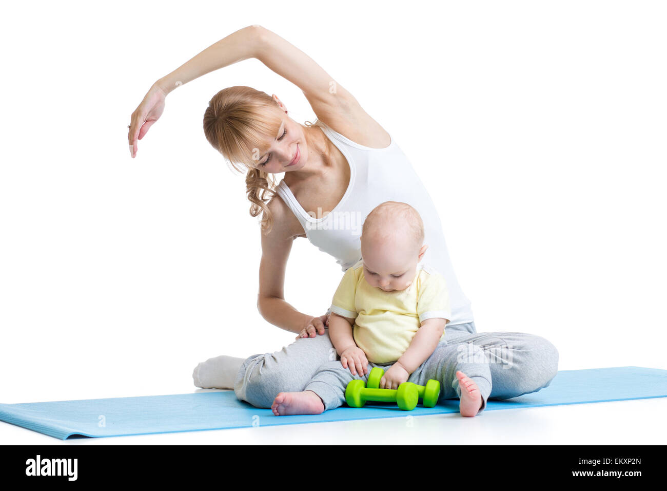 Mutter mit Baby Gymnastik und Fitness Übungen Stockfoto