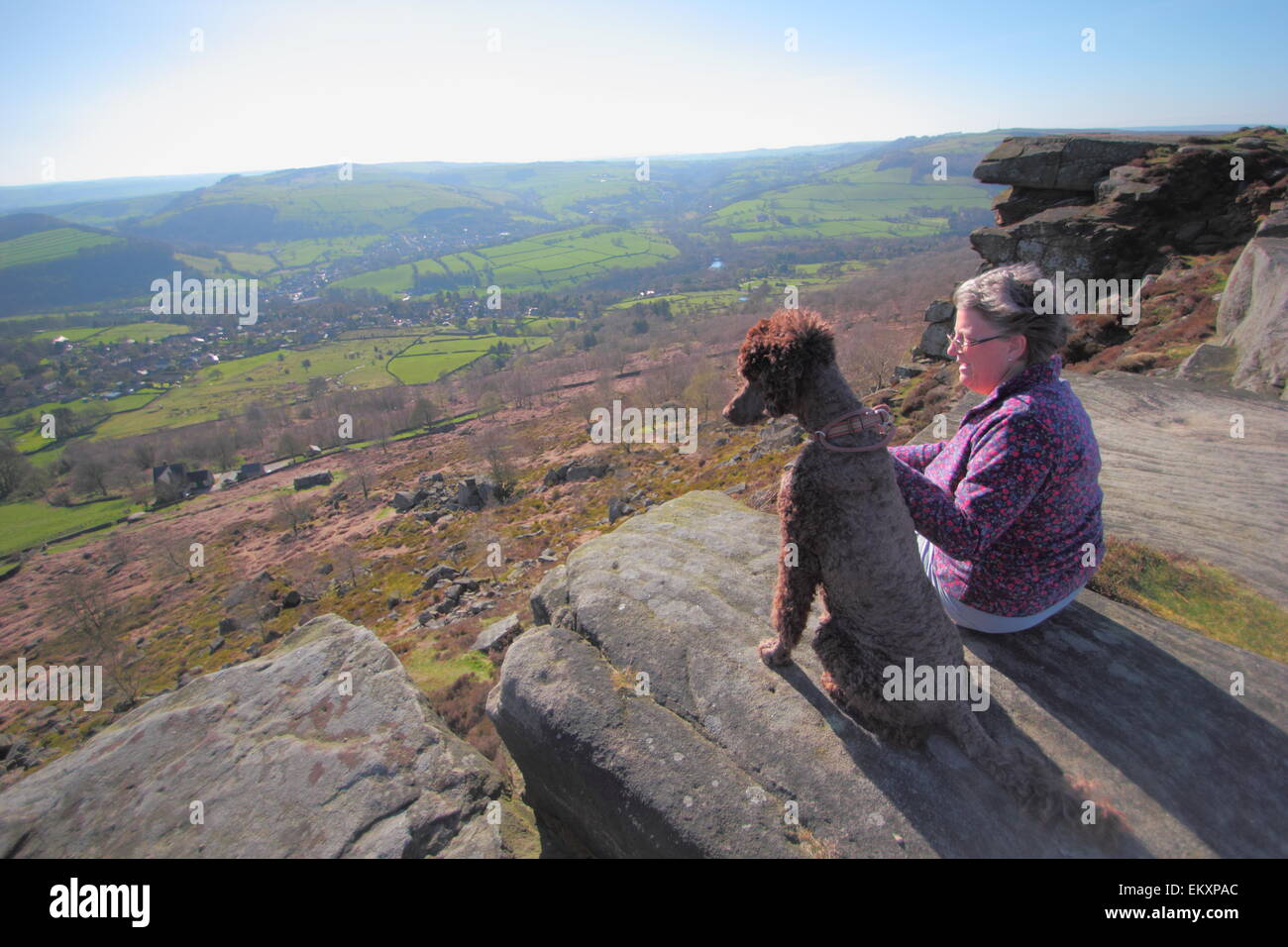 Peak District, Derbyshire, UK. 14. April 2015. Archie der standard Pudel und seinem Besitzer Katie France aus Chesterfield, Derbyshire geniessen Sie die Aussicht über das Derwent Tal von Curbar Kante an einem warmen, luftigen Nachmittag im Peak District. Bildnachweis: Matthew Taylor/Alamy Live-Nachrichten Stockfoto