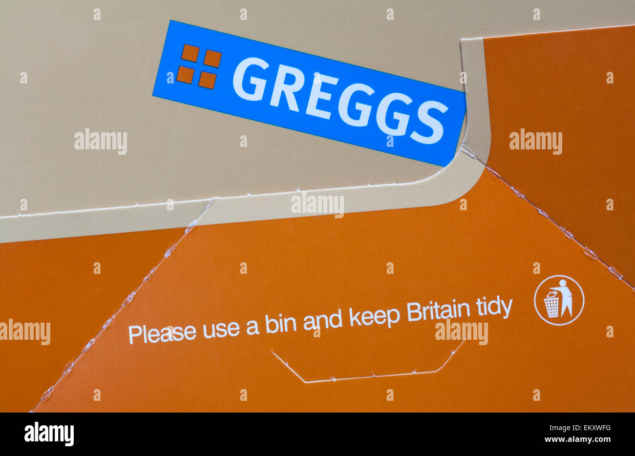Greggs Bitte verwenden Sie einen Lagerplatz und halten Sie Großbritannien ordentlich Details auf box Stockfoto