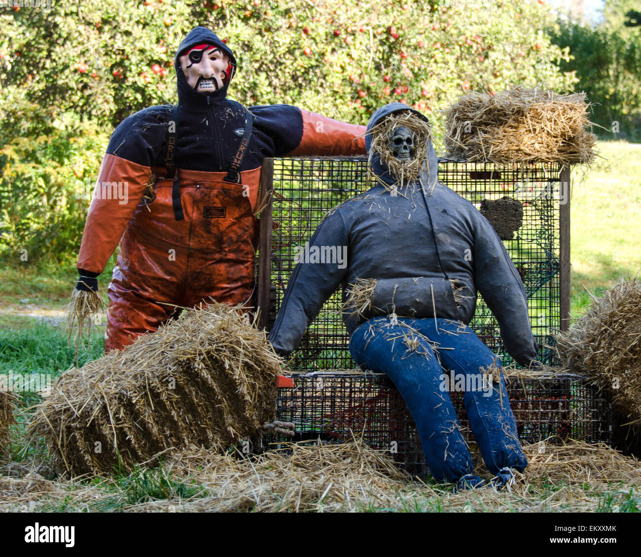 Maine-Stil Halloweendekoration: ein Pirat trägt einen Überlebensanzug und ein Skelett in einem grauen Kapuzenpullover. Stockfoto