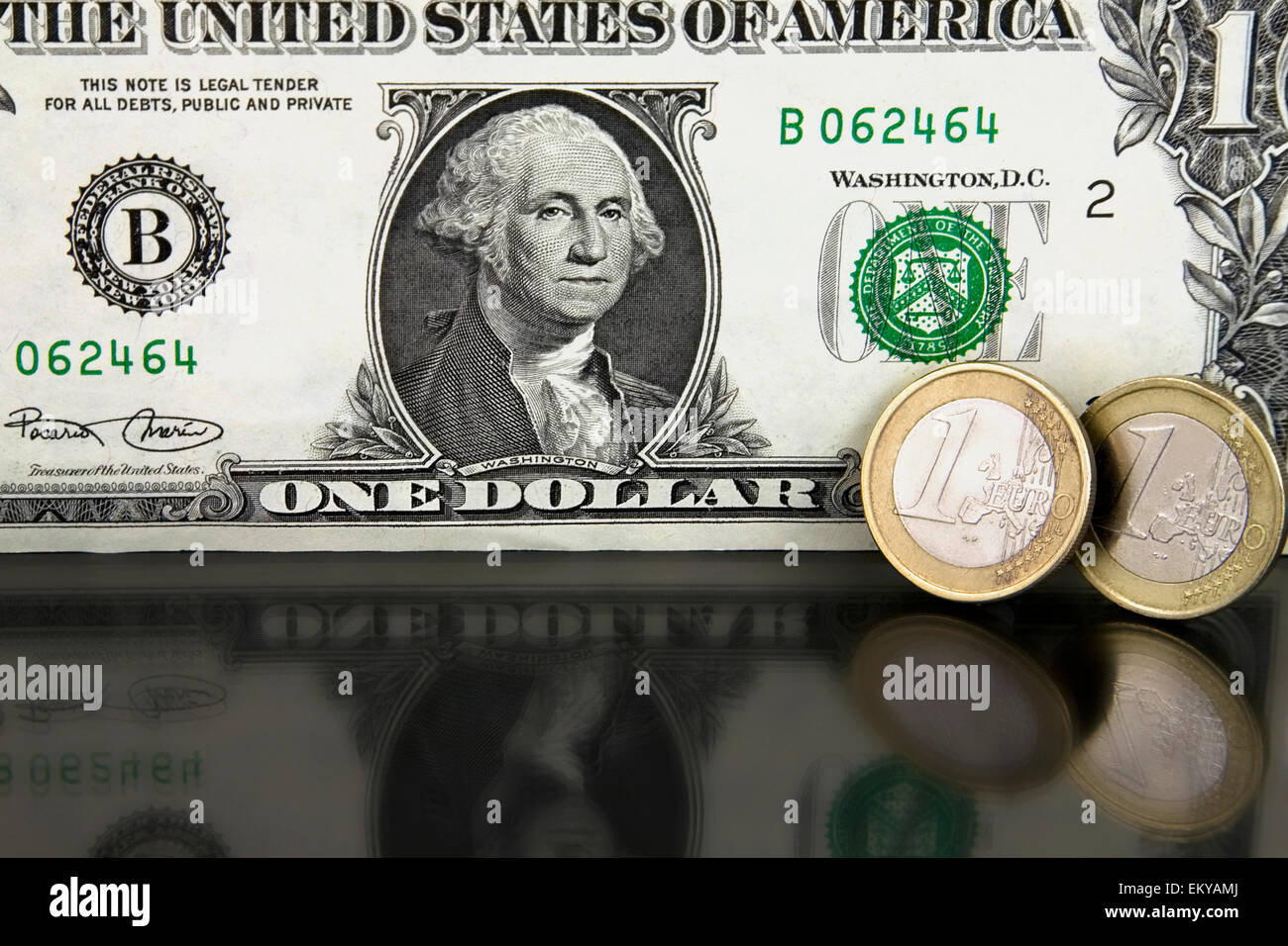 Amerikanischen ein-Dollar-Banknote mit ein-Euro-Münze Stockfoto