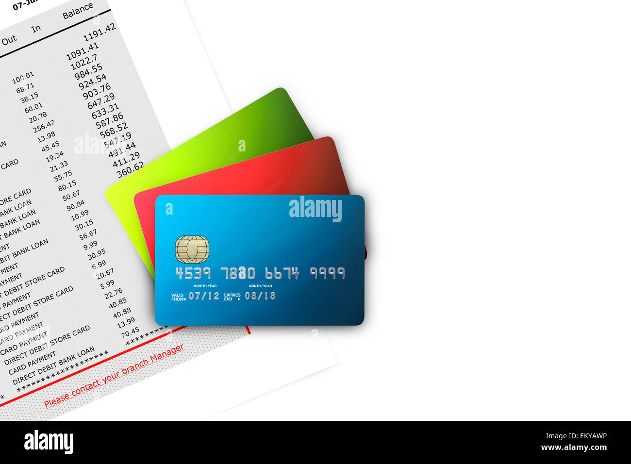 Kreditkarten auf Kontoauszügen Stockfoto