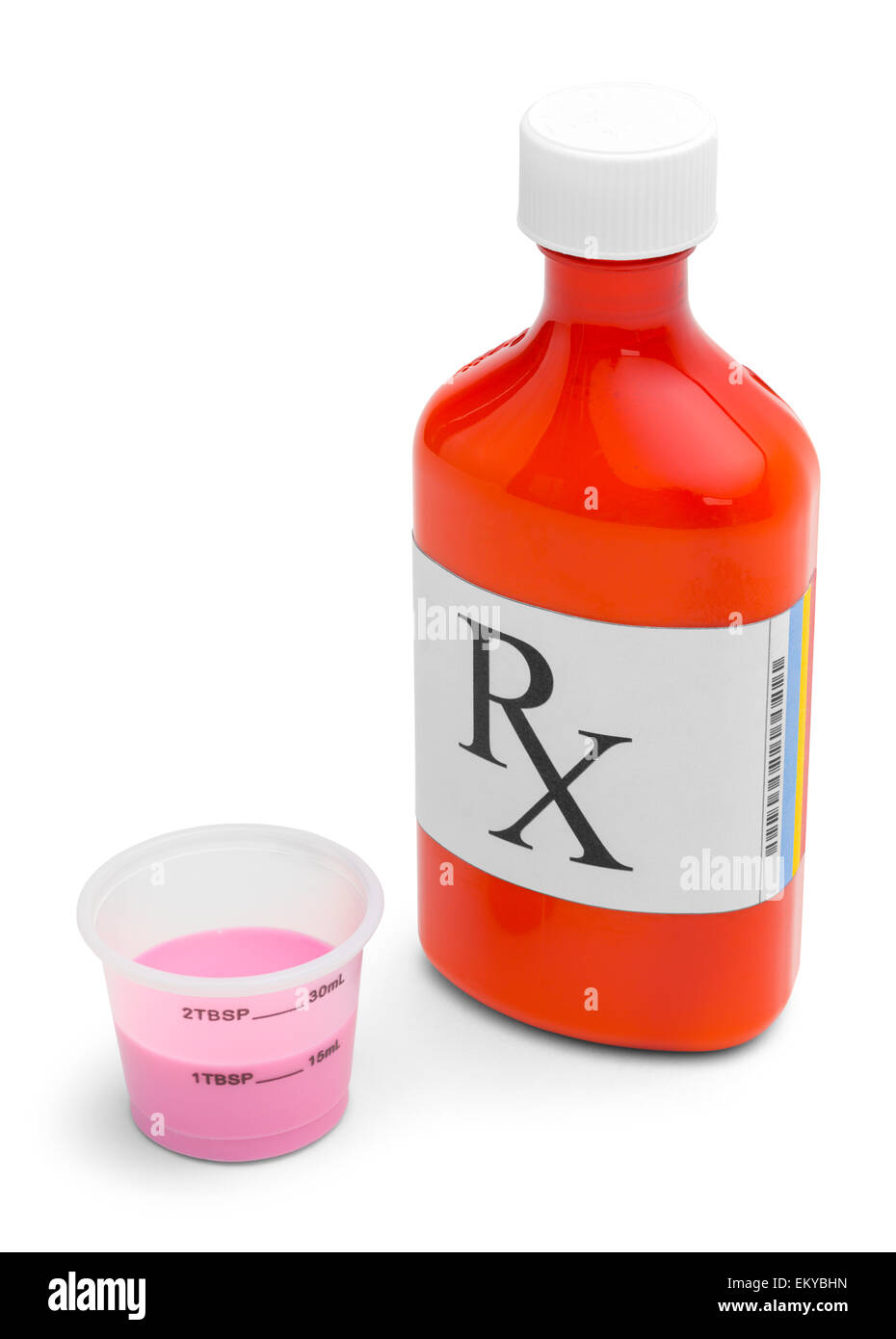 Geschlossenen RX Orange Medizinfläschchen mit Tasse, Isolated on White Background. Stockfoto