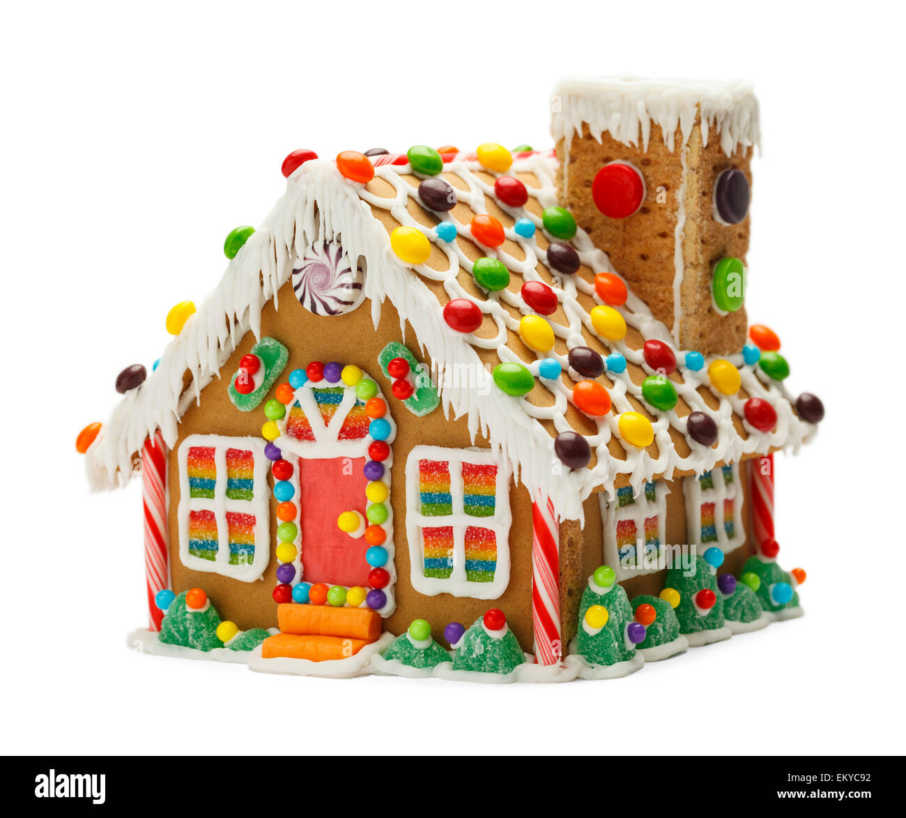 Christmas Cookie Lebkuchenhaus mit Candy Isolated on White Background. Stockfoto