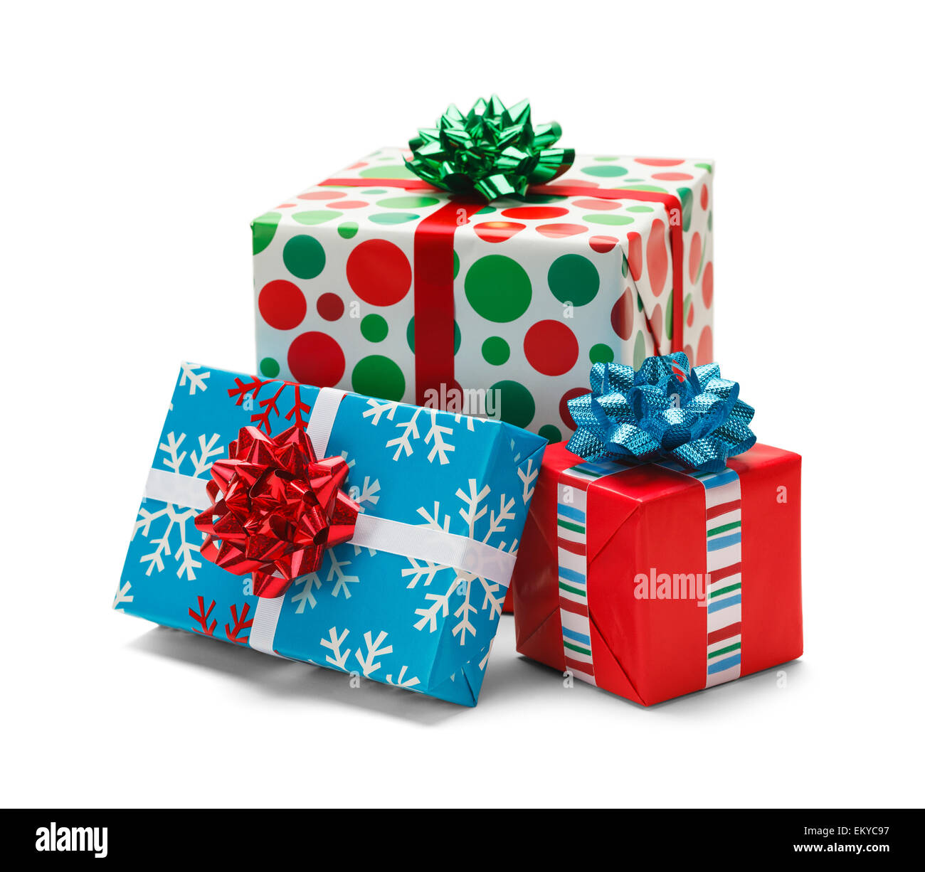 Drei Weihnachten verpackt Geschenke, Isolated on White Background. Stockfoto
