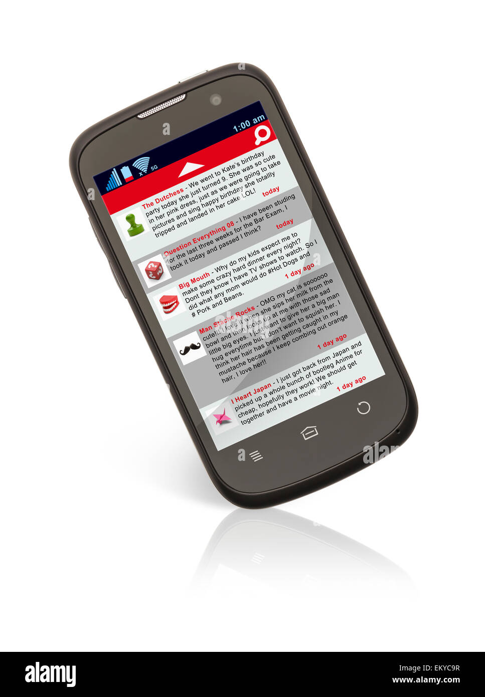 Smartphone mit Social Network Dialog Feed isolierten auf weißen Hintergrund. Stockfoto