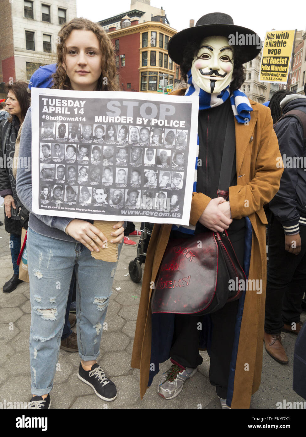 Protest gegen Polizeigewalt und die Tötung von unbewaffneten schwarzen Männern am Union Square in New York, 14. April 2015. Stockfoto