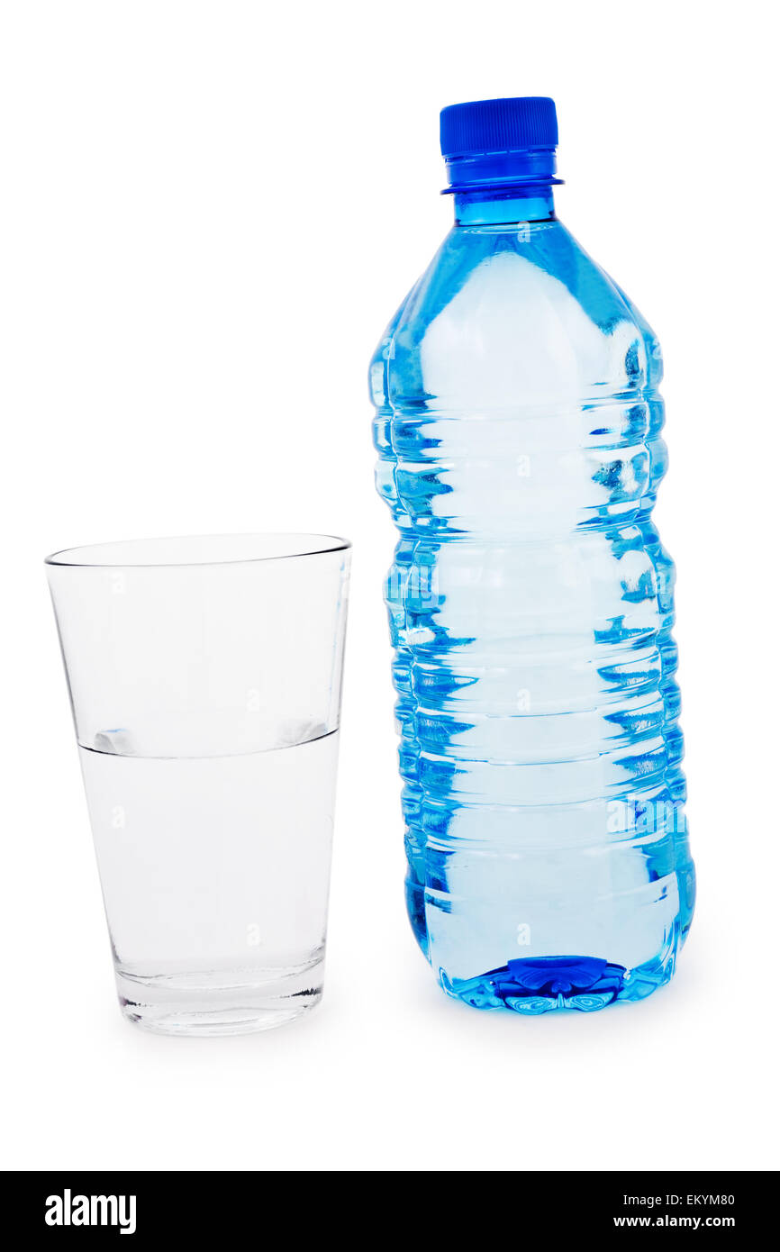 blaue Flasche und transparentem Glas Stockfoto