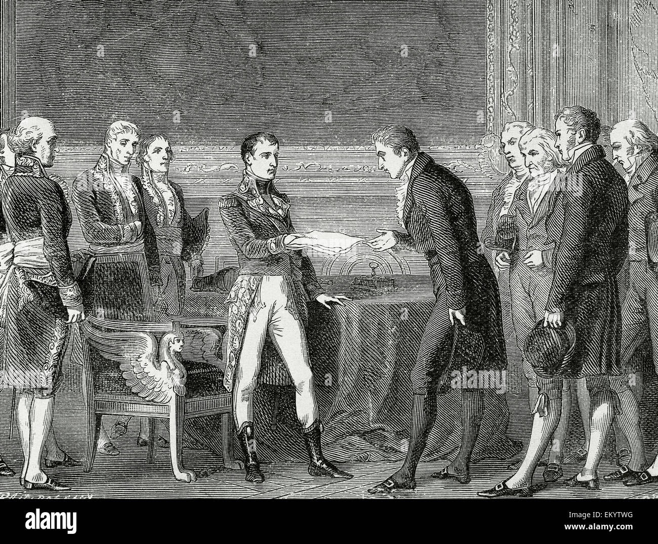 Napoleon Bonaparte (1769-1821). Französisches Konsulat (Coup Brumaire 1799-1804). Erster Konsul lieferte an die Schweizer Abgeordneten die Minuten der Meditation. Gravur. Stockfoto