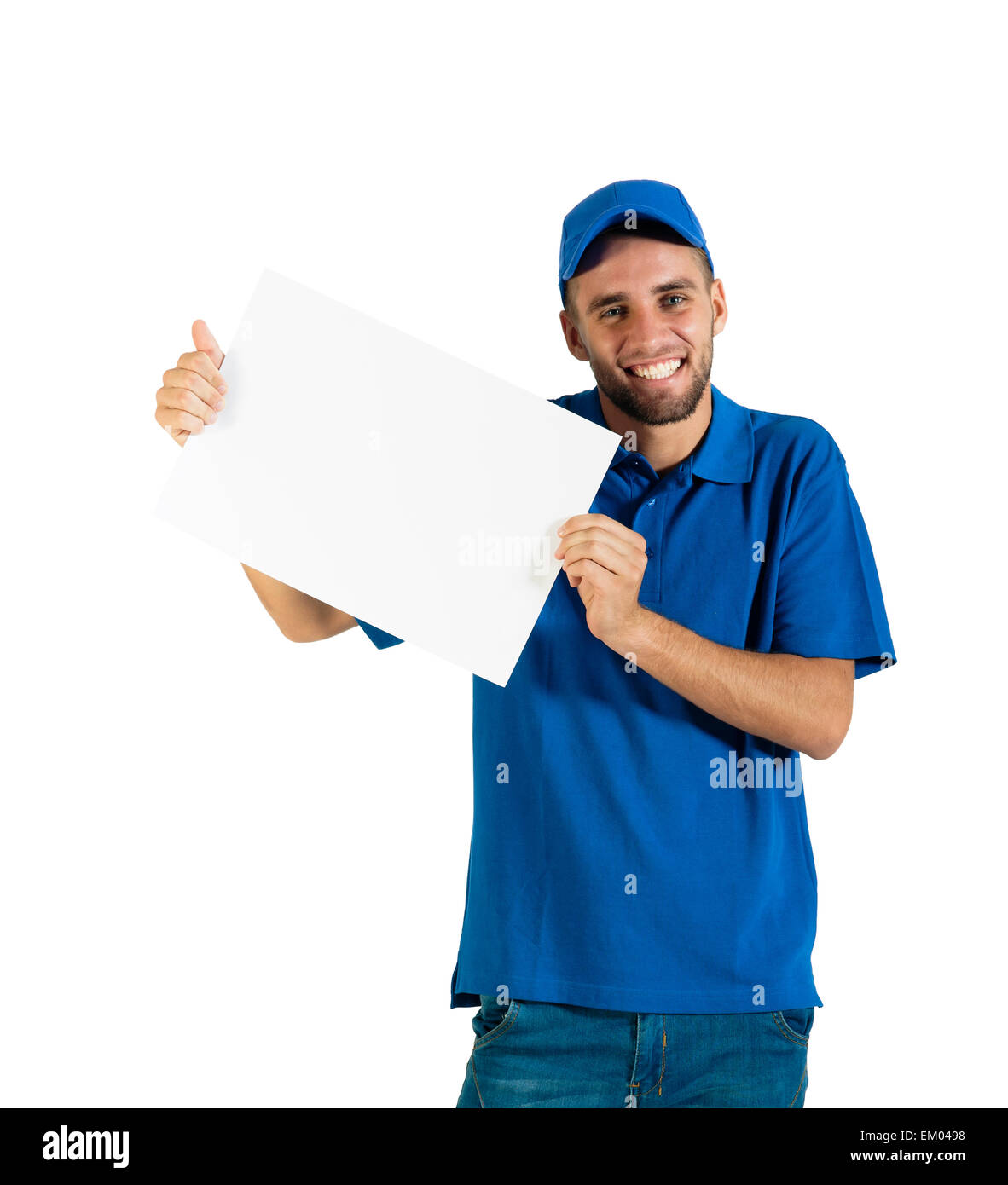 glücklich schönen Mitarbeiter hochhält weiß Schwarzes Brett Stockfoto