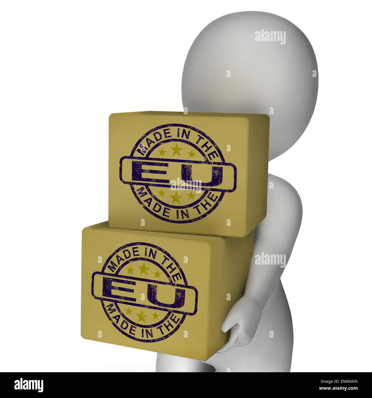 Made In EU-Stempel auf Boxen zeigt europäische Produkte Stockfoto