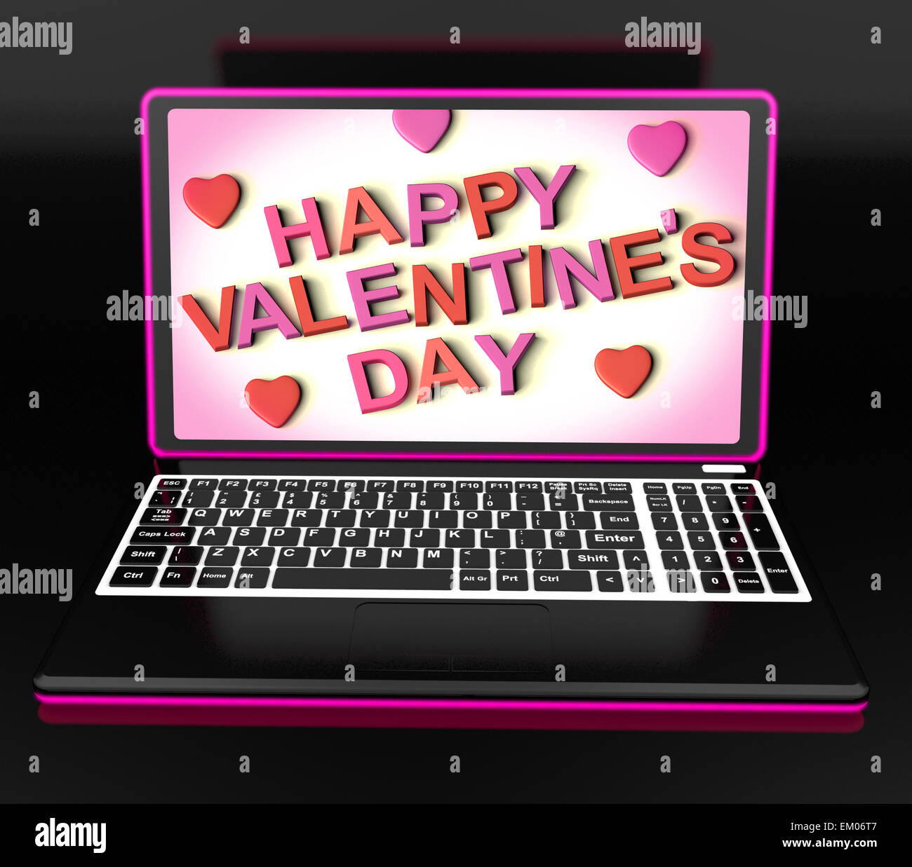 Happy Valentinstag auf Laptop zeigt Liebe feiern Stockfoto