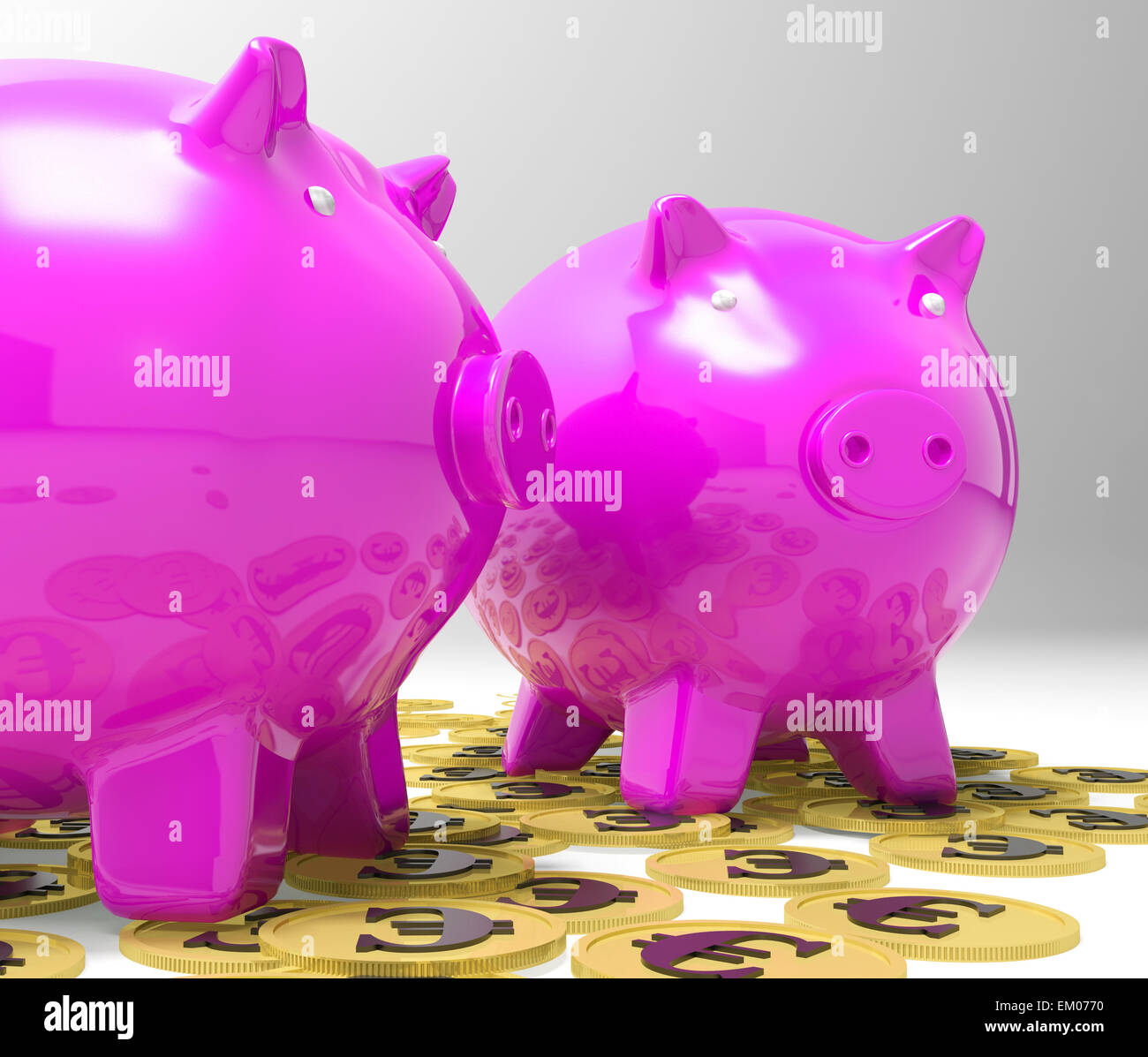 Sparschweine auf Euro-Münzen zeigen Reichtum Stockfoto