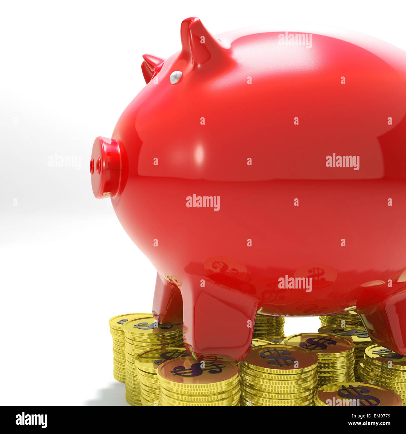 Sparschwein auf Münzen zeigt finanzielle Gleichgewicht Stockfoto