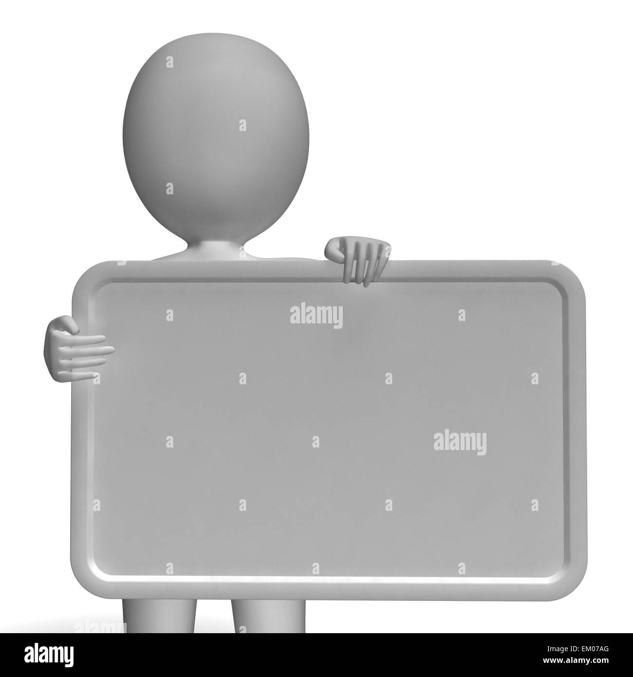 Leeres weißes Schild mit Exemplar inklusive 3d Charakter Stockfoto