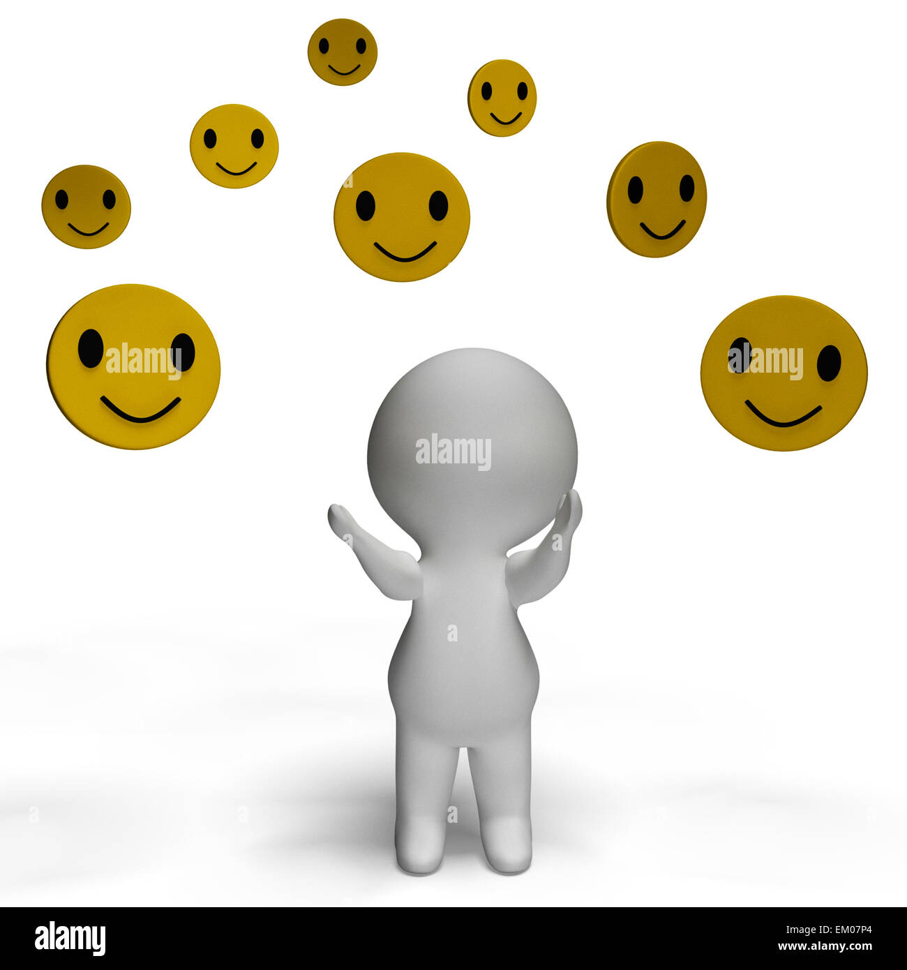 Smileys, lächelnd und 3d zeigt Zeichen Glück Stockfoto