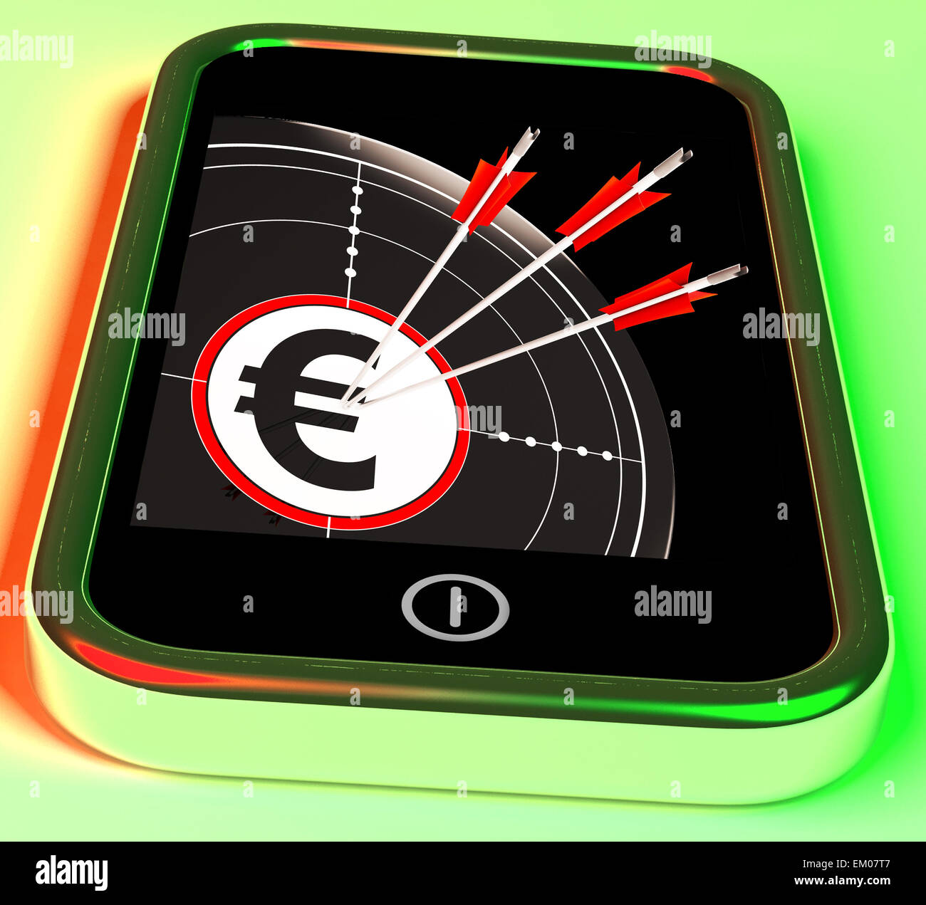 Euro-Symbol auf Smartphone zeigt europäische Gewinne Stockfoto