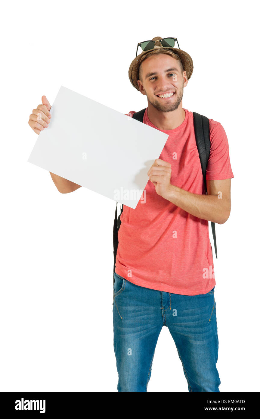 Junger happy Tourist hält eine weiße Pinnwand Stockfoto
