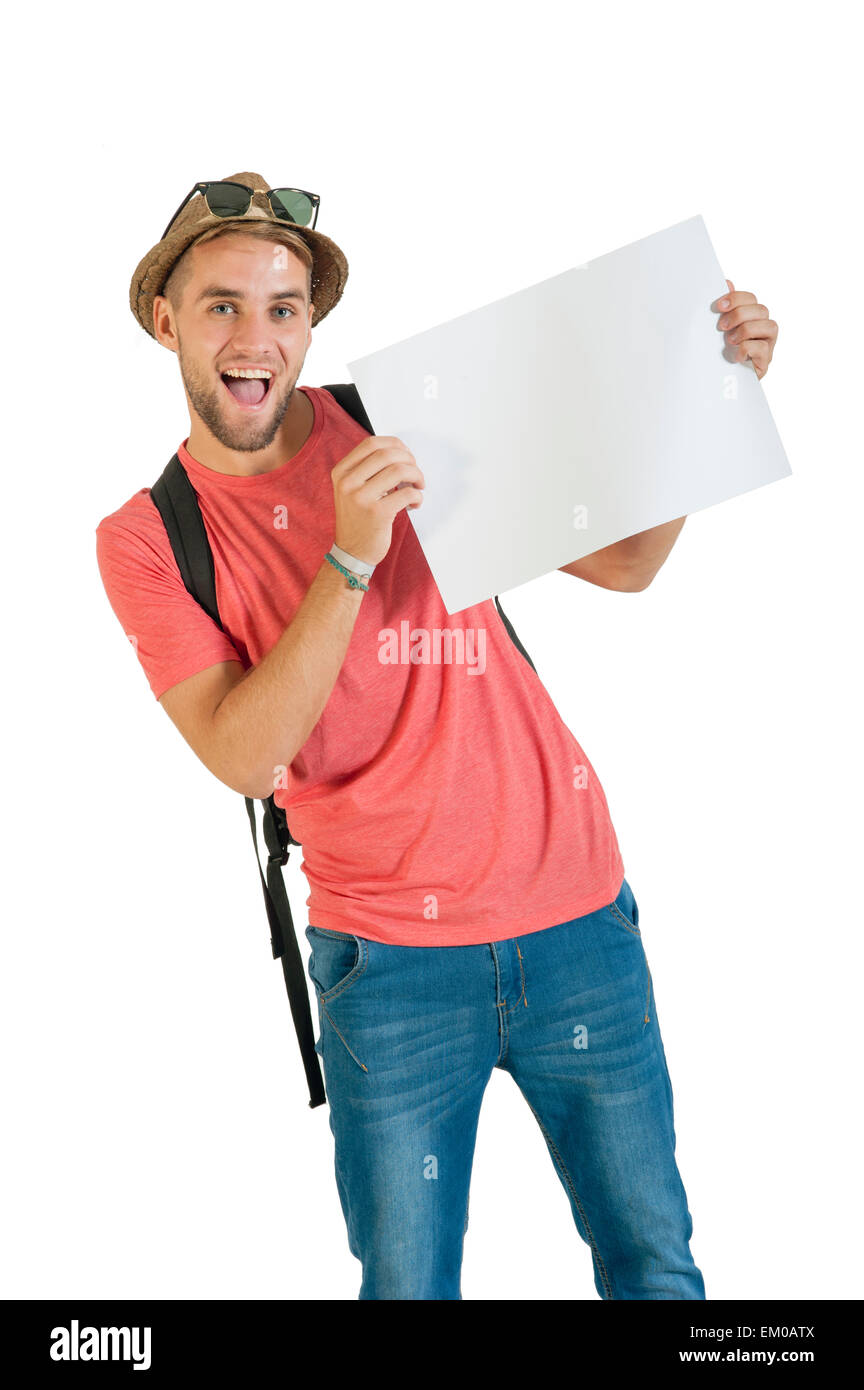 Junger happy Tourist hält eine weiße Pinnwand Stockfoto