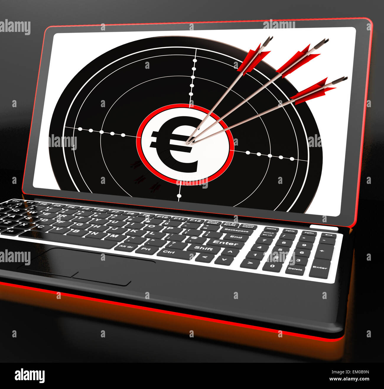 Euro-Symbol auf Laptop zeigt das Ergebnis Stockfoto