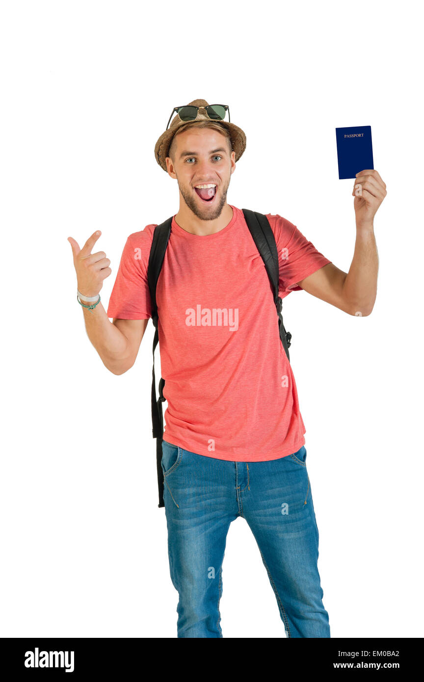 Junger happy Tourist hält seinen Pass bereit für Abenteuer Stockfoto