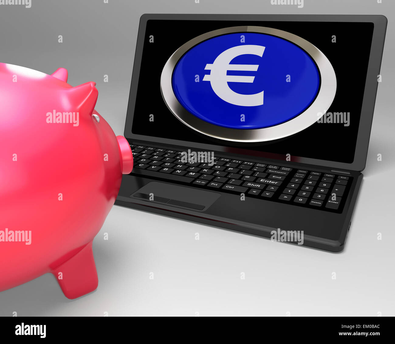 Euro-Symbol-Button auf Laptop zeigt Einsparungen Stockfoto