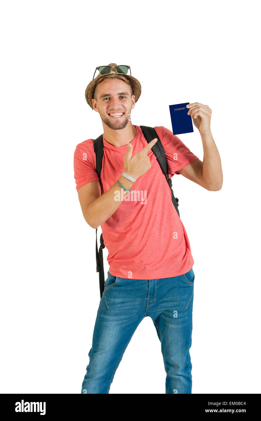 Junger happy Tourist hält seinen Pass bereit für Abenteuer Stockfoto