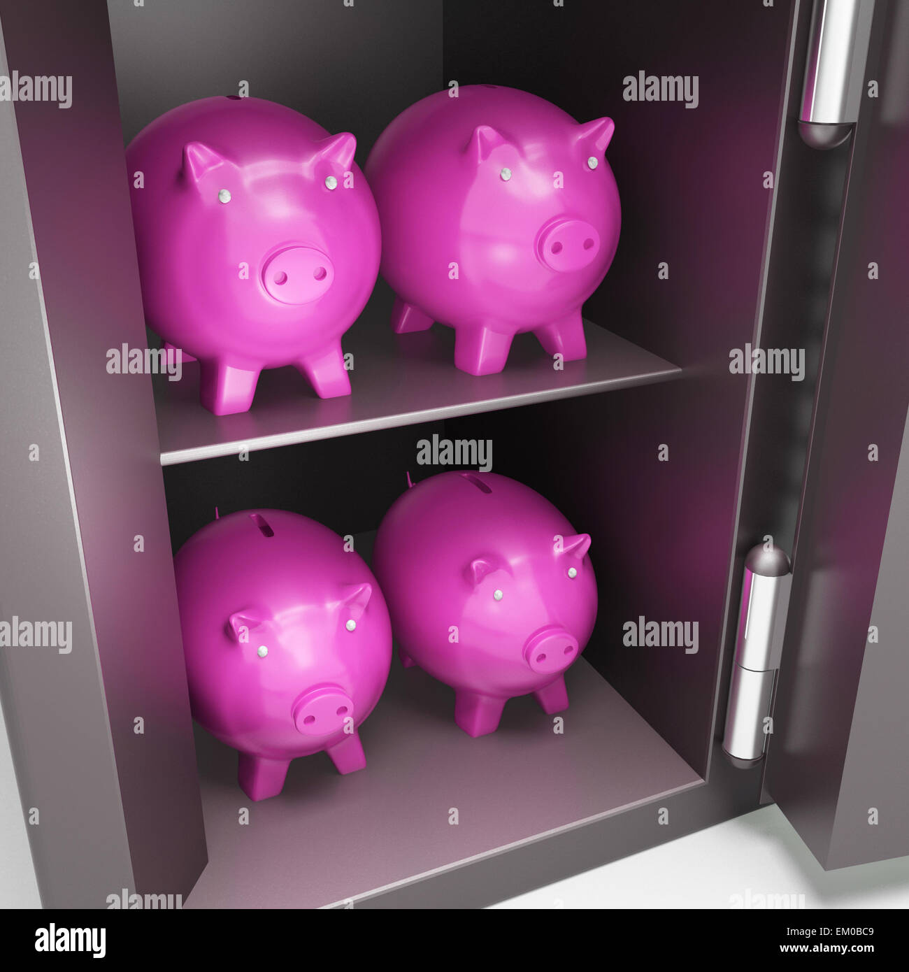 Offenen Safe mit Schweinchen zeigt sichere Einsparungen Stockfoto