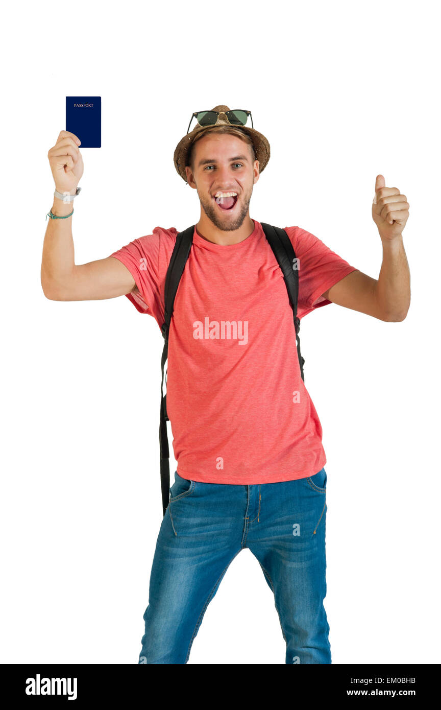 Junger happy Tourist hält seinen Pass bereit für Abenteuer Stockfoto