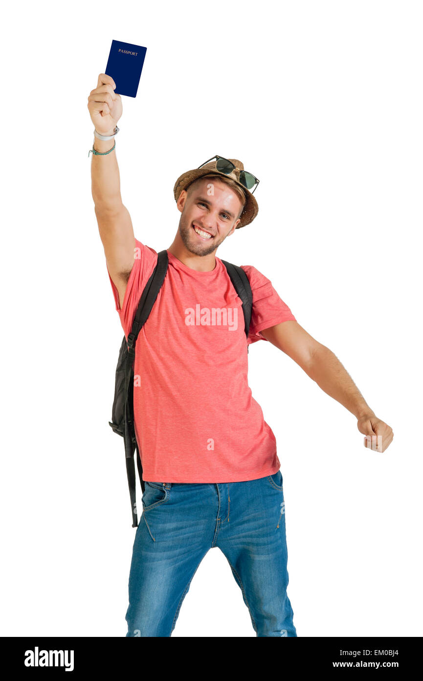 Junger happy Tourist hält seinen Pass bereit für Abenteuer Stockfoto
