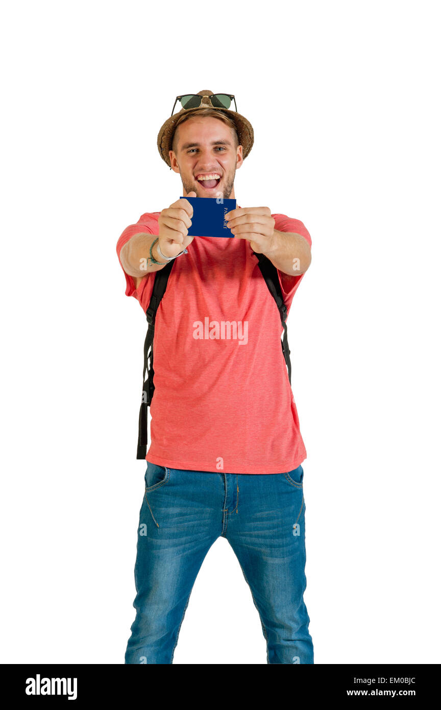 Junger happy Tourist hält seinen Pass bereit für Abenteuer Stockfoto