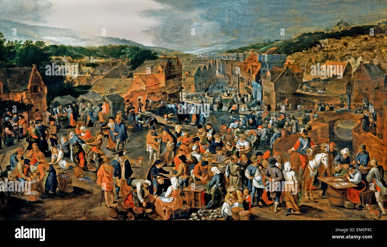 Markt-Szene auf dem Dorfplatz 1579 Gillis Mostaert 1554-1598 Antwerpen niederländischen flämischen Belgien Belgien Niederlande Stockfoto