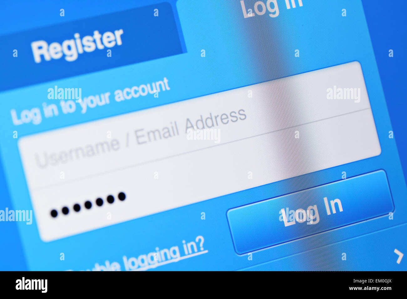 Login Benutzerkonto auf dem Bildschirm Stockfoto