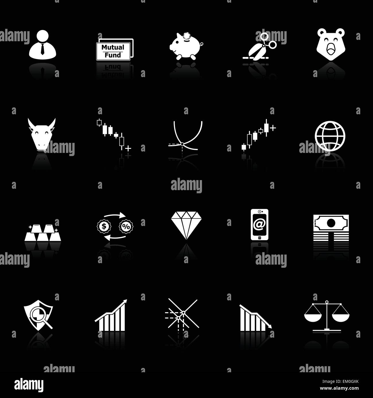 Börse-Icons mit Spiegeln auf schwarzem Hintergrund, Lager Vektor Stock Vektor