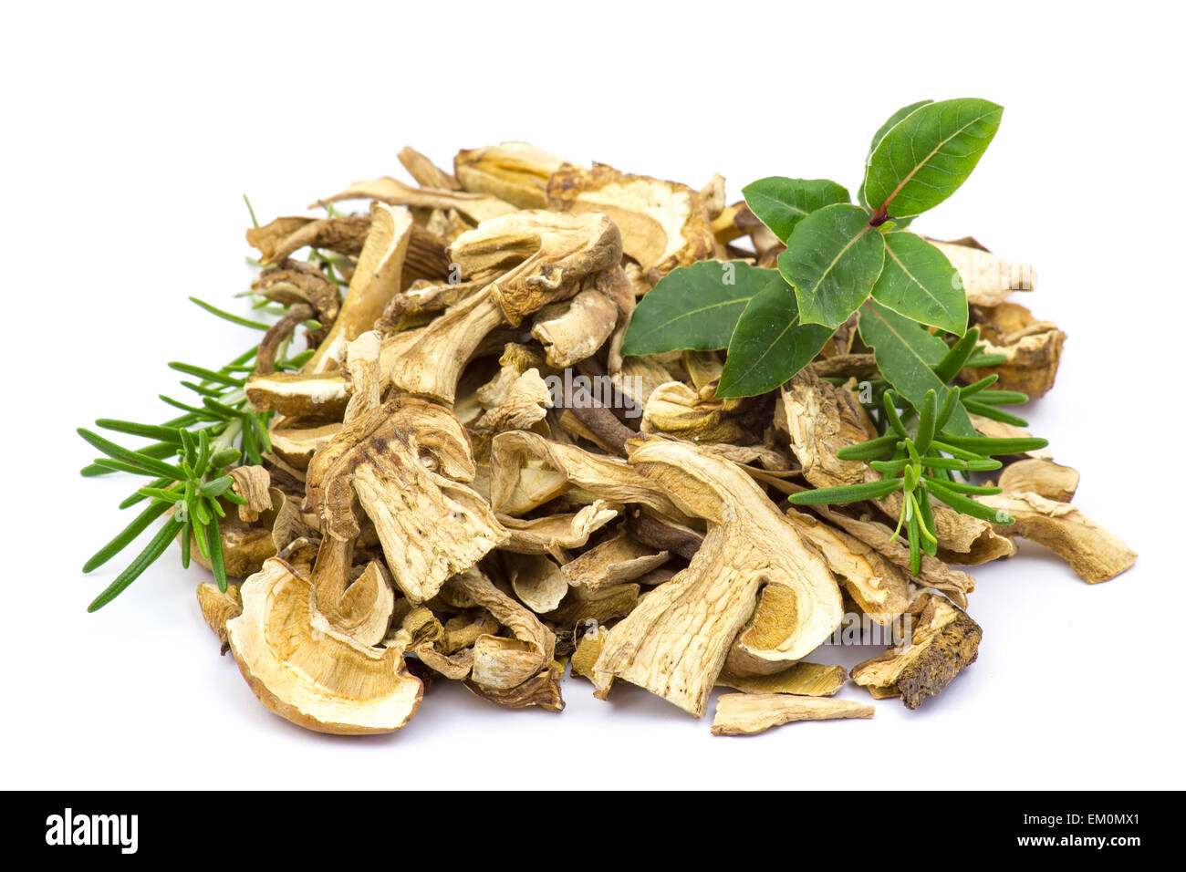 Kräutern und getrockneten Pilzen - Steinpilzen Stockfoto