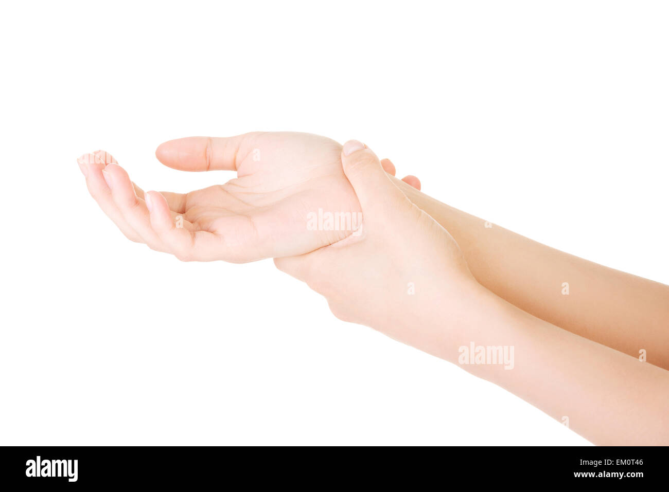 Frau hielt ihre Hand - Schmerzen-Konzept Stockfoto