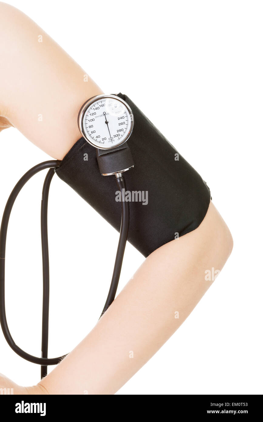 Weibliche Hand mit Blutdruck Messgerät Stockfoto