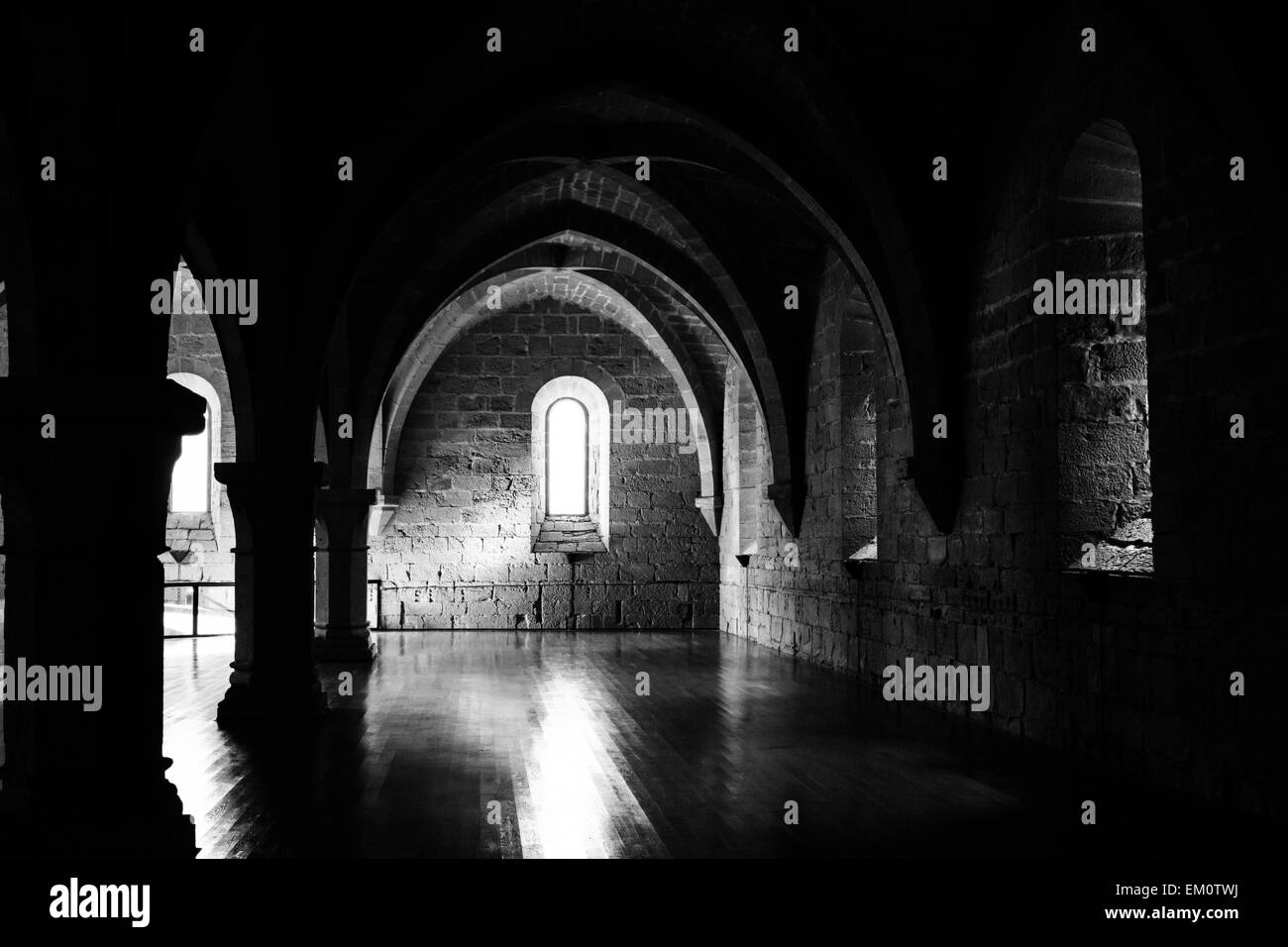 Große Halle im Kloster Poblet, Spanien Stockfoto