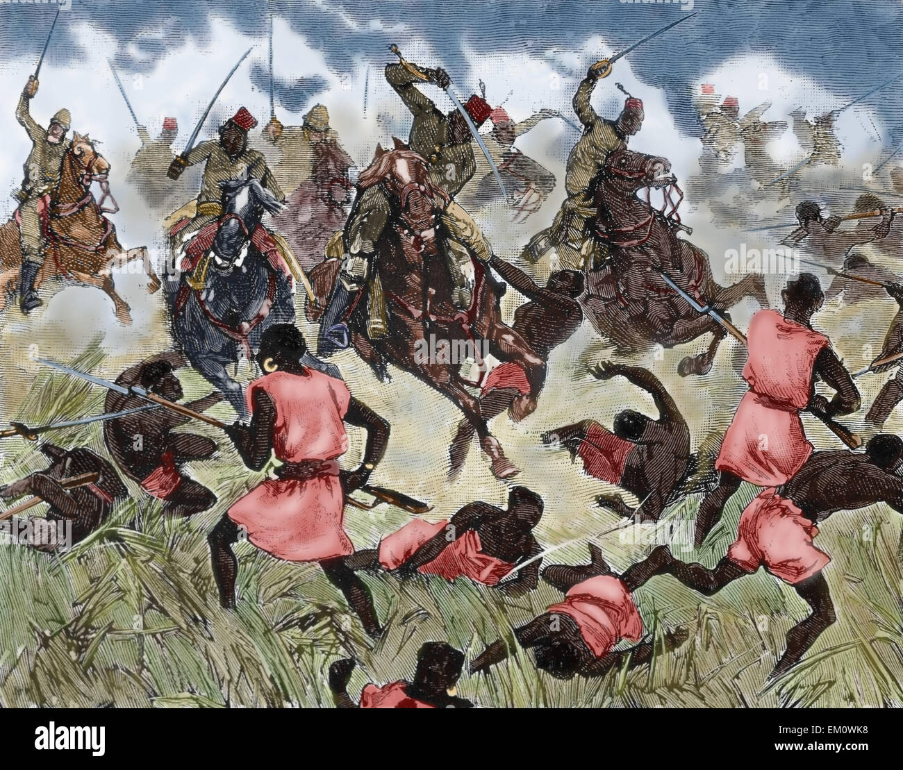 Französischen Kolonialismus. Oberen Niger. Bambara Angriff die französischen Mission in der Stadt Dio, 1881. Gravur in Les Grands Dossiers de l ' Illustration. Farbige. Stockfoto